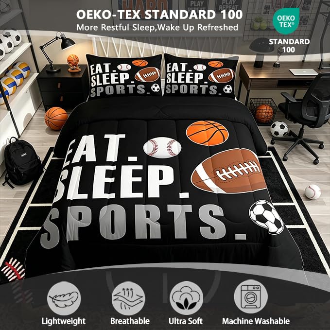 Image of Feelyou Twin Size Sports Comforter Set Boys Girls Bedding Set for Sports Lover Gift Ultra Soft Football Soccer Basketball Baseball Quilt Breathable Lightweight Microfiber Black Ball Game Room Decor