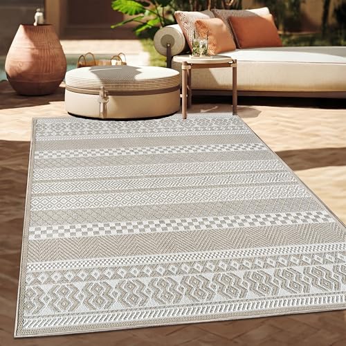 Paco Home In-& Outdoor Teppich für Balkon, Terrasse, Grösse: 133 x 190 cm, Farbe:Beige