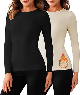 Bonneuitbebe Womens 2 Pack Long Sleeve Thermal Shirts Soft Undershirt Tops | 4 Way Stretch, Crewneck, Lightweight Base Layer, Warm Thermal Tops for Cold Weather