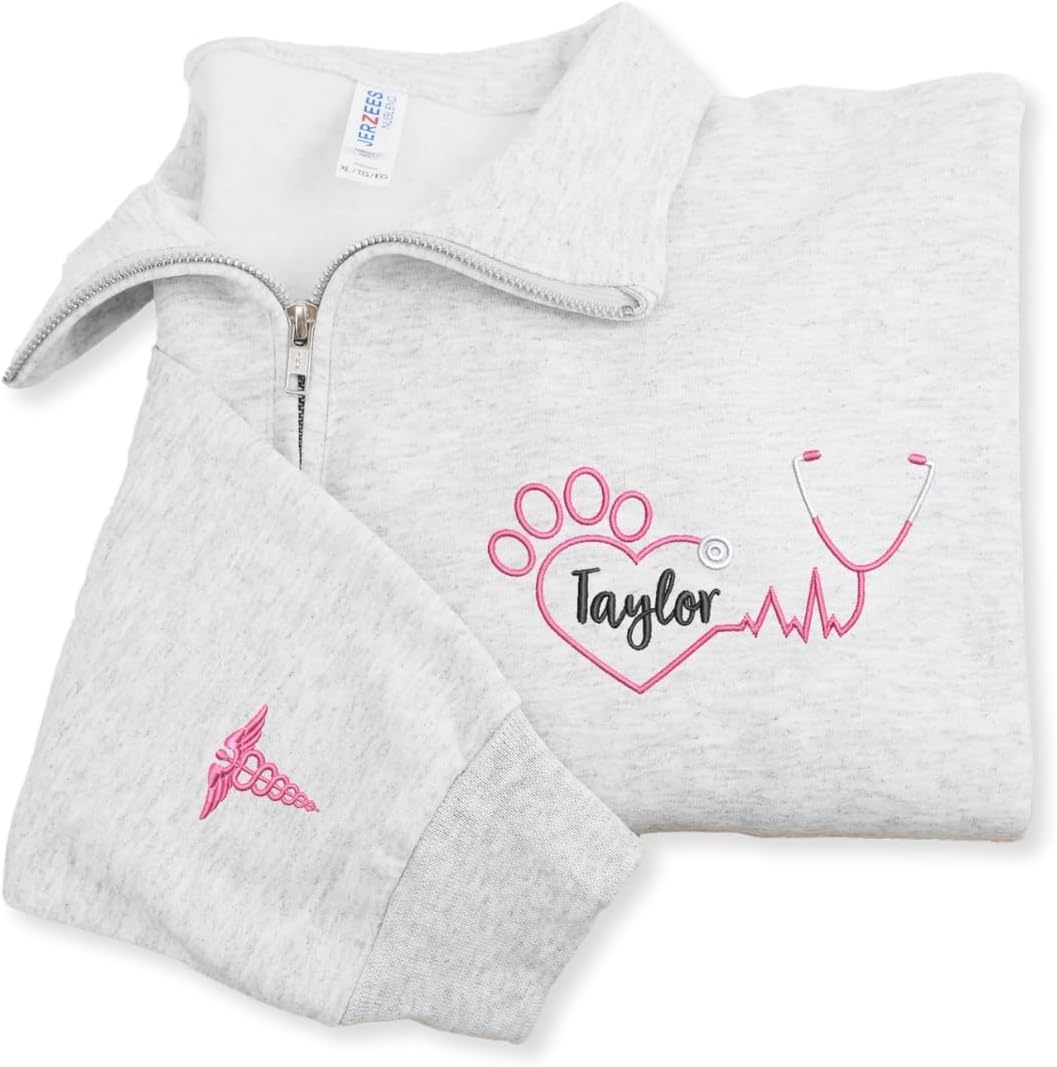 COUPLEHOODIES Custom Embroidered Vet Tech Quarter Zip Sweatshirt – Personalized Gift for Veterinarians, Vet Week or Christmas