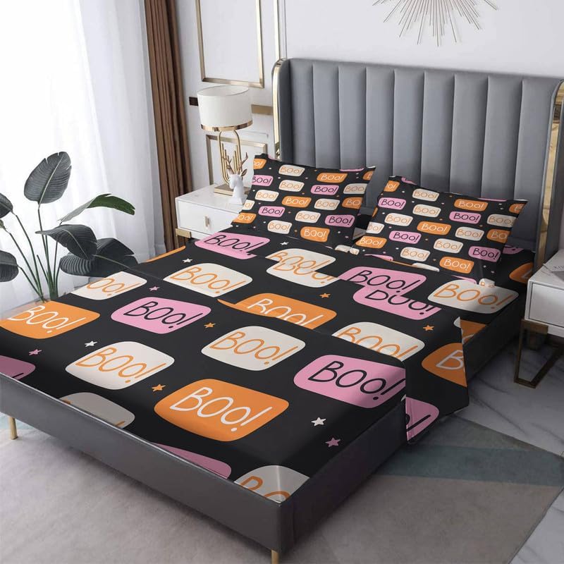 Boo Sheets Queen - Sábanas de microfibra suave con bolsillo profundo y patrón sin arrugas, 4 piezas (1 sábana bajera, 1 sábana encimera, 2 fundas de