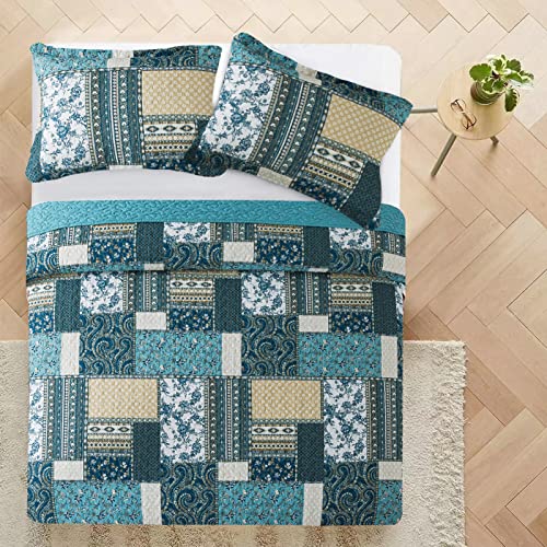 Vaputar Quilts Queen Size - 3 Piece Soft Queen Quilt Bedding Set, Lightweight Queen Bedspreads Cotton Boho Queen Quilt Set, Floral Bedding Set For Farmhouse Bedroom (Dream Blue) #TOP6