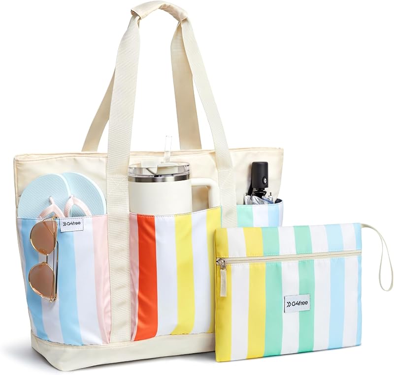 G4Free Beach Bag, Waterproof Beach Tote Pool Bags for Women | Compatible with Cup, Large Capacity Sandproof Foldable for Weekender Travel Swim