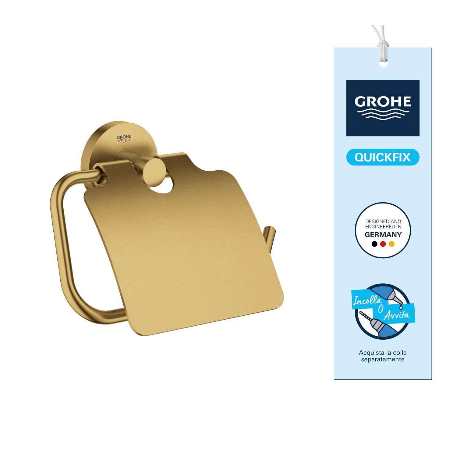 GROHE Start Portarotolo con Coperchio (Metallo, Fissaggio Nascosto, Viti e Tasselli Inclusi), Dimensione 167 x 119 mm, Oro Spazzolato Cool Sunrise, 41067GN0