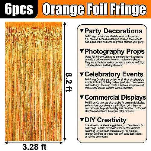 Image of 6 Pack Orange Foil Fringe Curtain Backdrop, 3.28Ft x 8.2Ft Metallic Tinsel Foil Fringe Streamer Curtains for Photo Booth, Christmas Day, Thanksgiving, Wedding, New Year Party Decorations