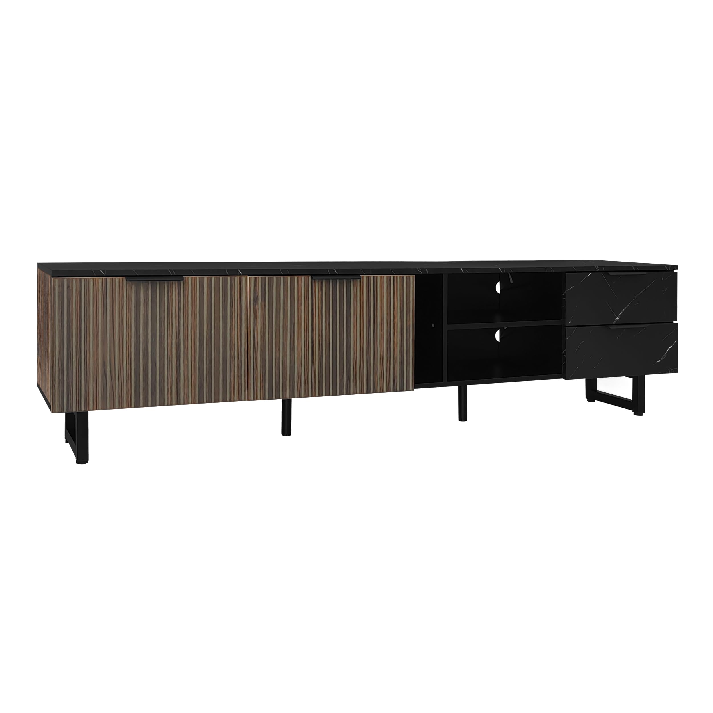 Mueble de TV de 200 cm con aspecto de mármol negro, puertas de vetas de madera oscura, iluminación LED ajustable, dos puertas y dos cajones, adecuado para robot aspirador, 200 x 50 x 38 cm