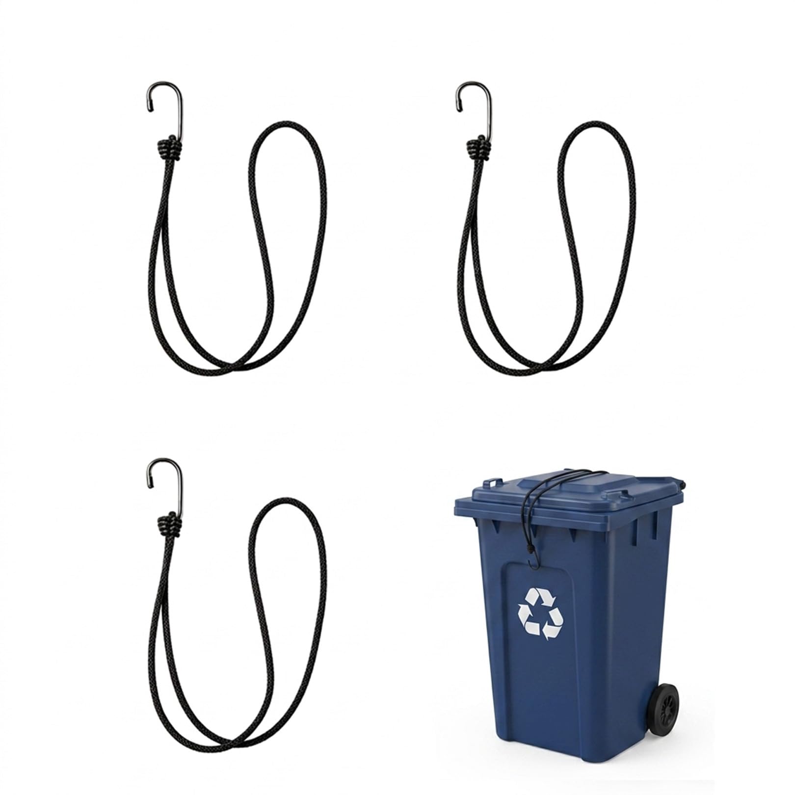 3 Pack Wheelie Bin Lock Bungee Straps,Adjustable Heavy Duty Black Rubber Cords with Metal Hooks,Lid Latch Securing Clips for Garbage Can UK,No Drilling Expandable Band Holder for Van Car Luggage Strap