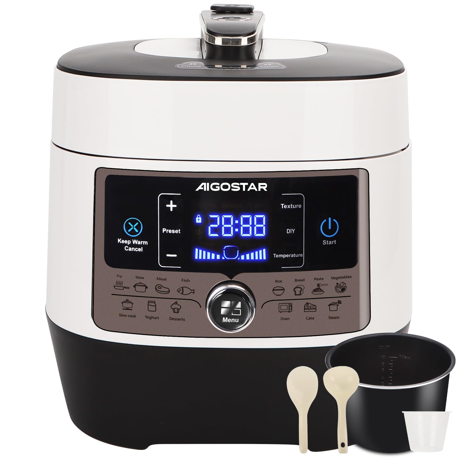 Aigostar Panda - 7-in-1 Schnellkochtopf, 5,5 L Multikocher Pressure Cooker, 14 Automatik-Programme, LED-Panel, Druckeinstellungen, Timer und Warmfunktion, Antihaftbeschichteter, 1000 W