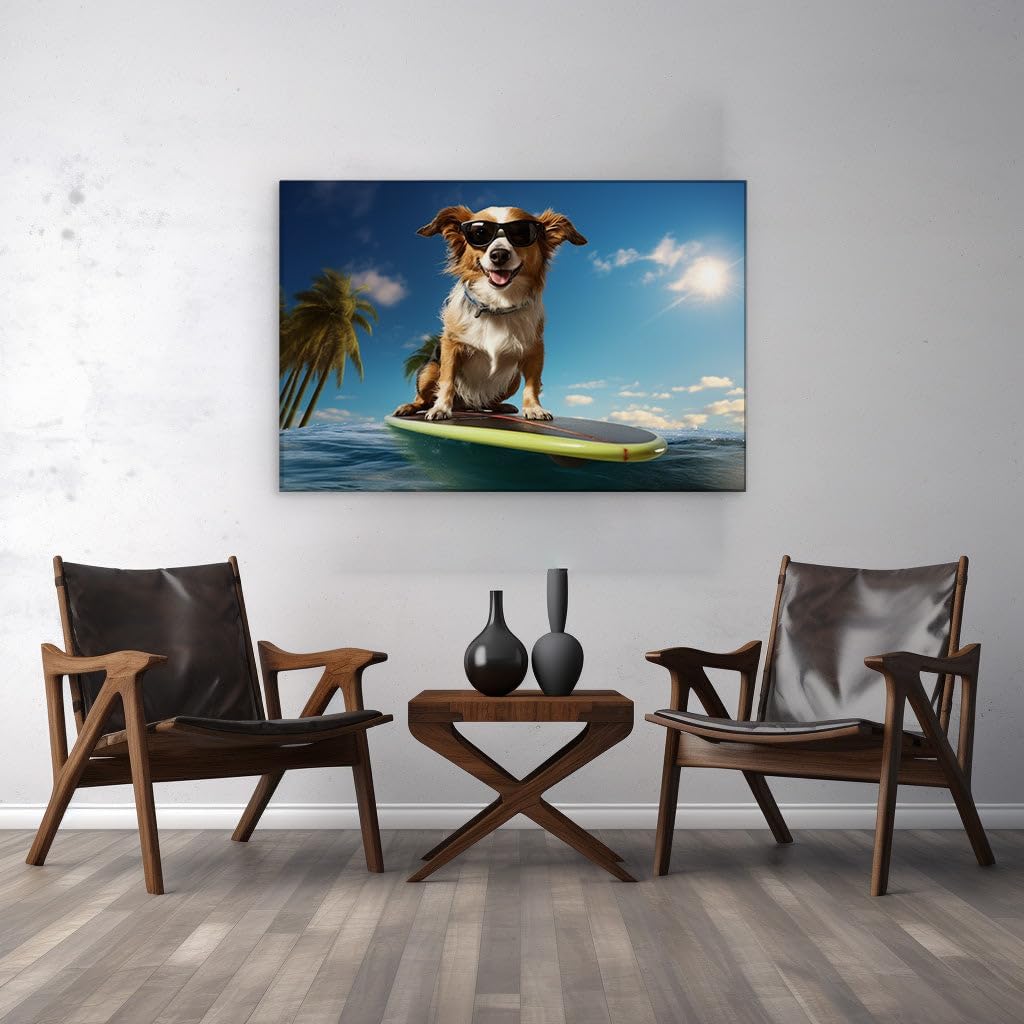 Canvas for Living room. Surf's Pup Adventure Tropical Bliss Unleashed, 27 x 18 inch Canvas Wall Art - Tranquility - Botanical Home Decor