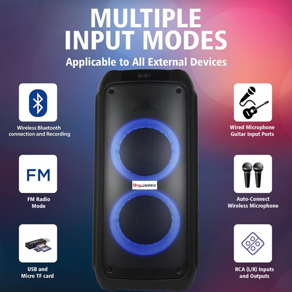 Diagram showing various input modes: Bluetooth, Wired Microphone/Guitar, FM Radio, USB/Micro TF card, RCA inputs/outputs, Auto-Connect Wireless Microphone