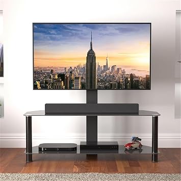AVF Black Glass TV Stand with Mount for TVs up to 65, Steel Floor TV Stand and Entertainment Center with Cable Management, Tempered Glass Shelves, Corner or Flat Wall Placement