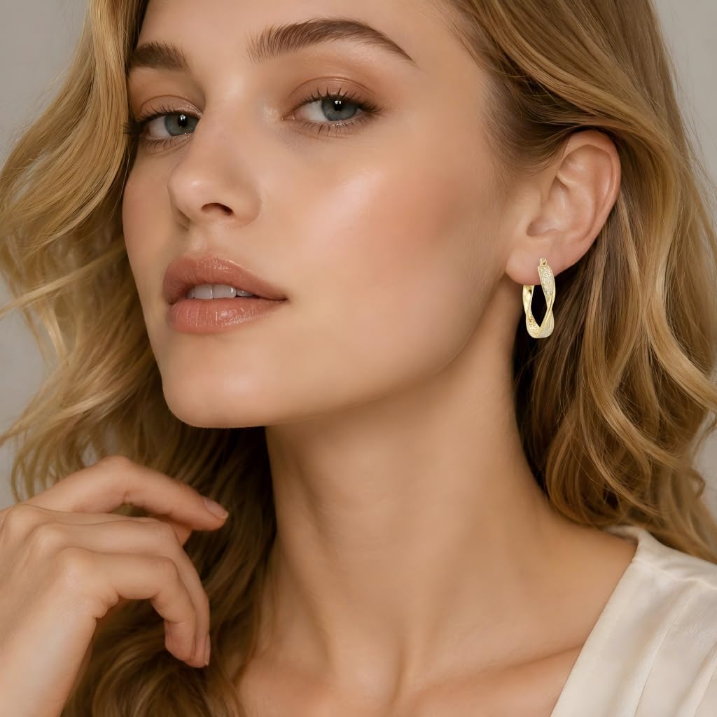 Gold Hoop Earrings 14K Gold Earring for Women Twisted Design Elegant Lightweight Hoops Jewelry Gifts for Women 25mm