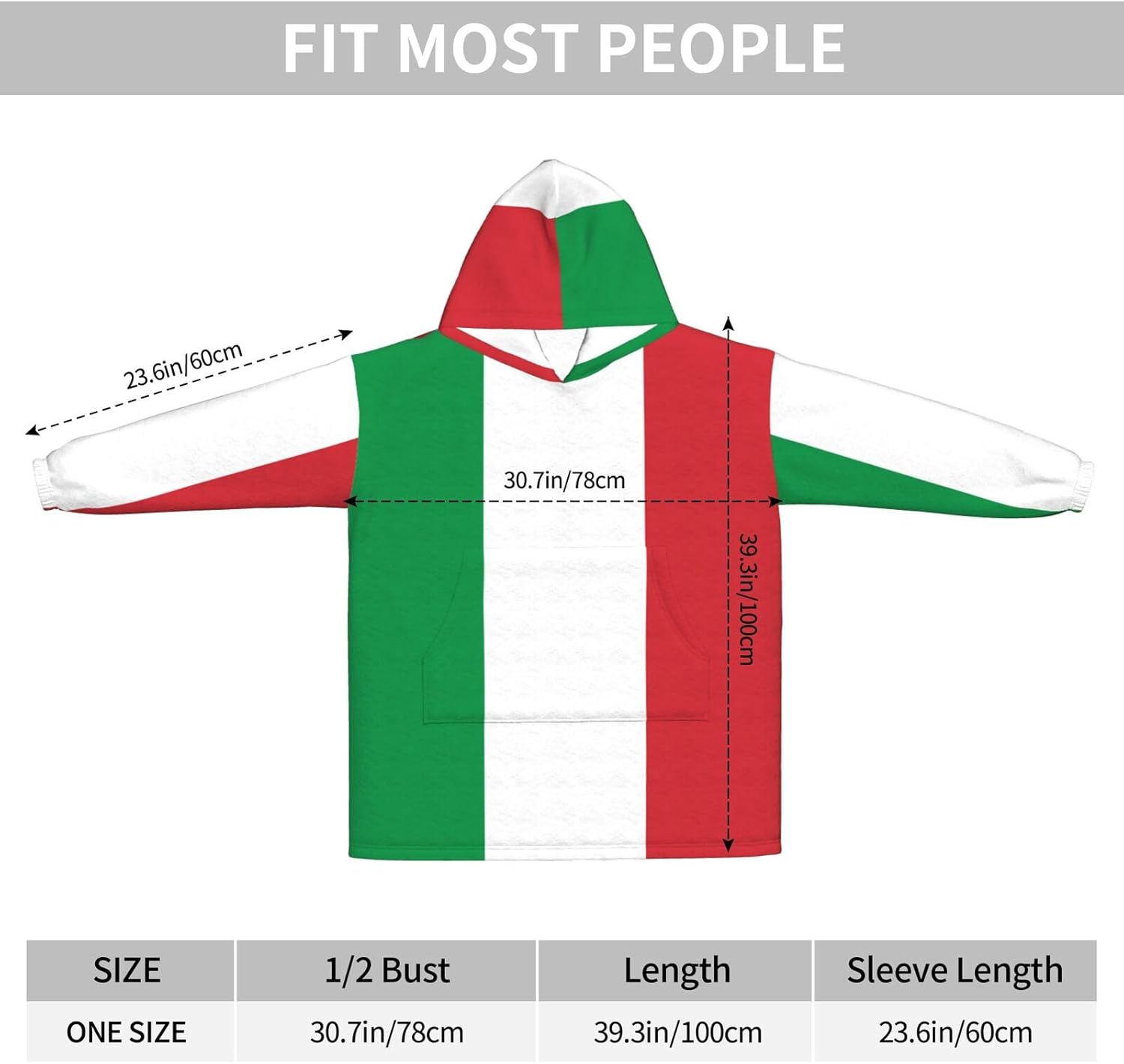 MUSM Italy Flag Print Blanket Hoodie Fleece Sweatshirt Blanket With Sleeves And Pockets