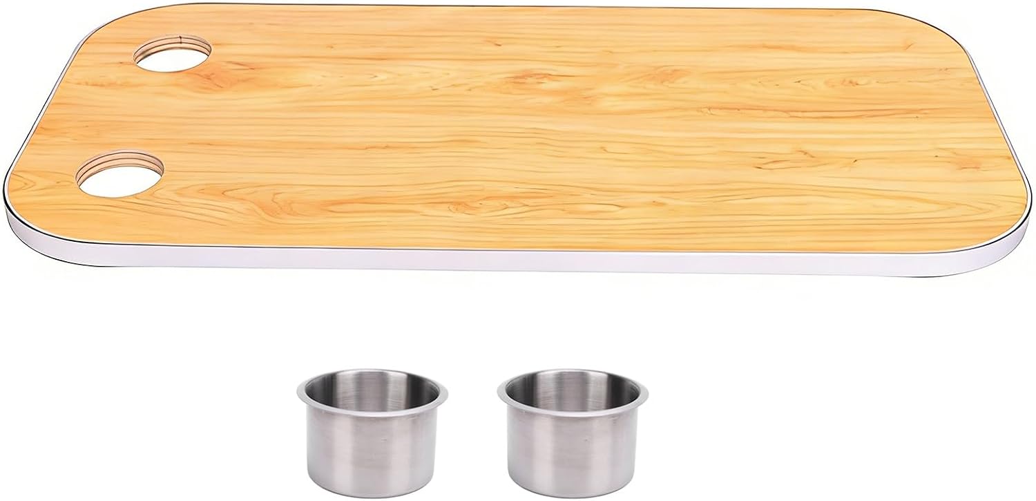 Rv Dinette Table Top Replacement, 31 X 16 in Wood Rv Table Top with Stainless Steel Cup Holders for Caravan, Marine Boat, Yacht(Yellow)