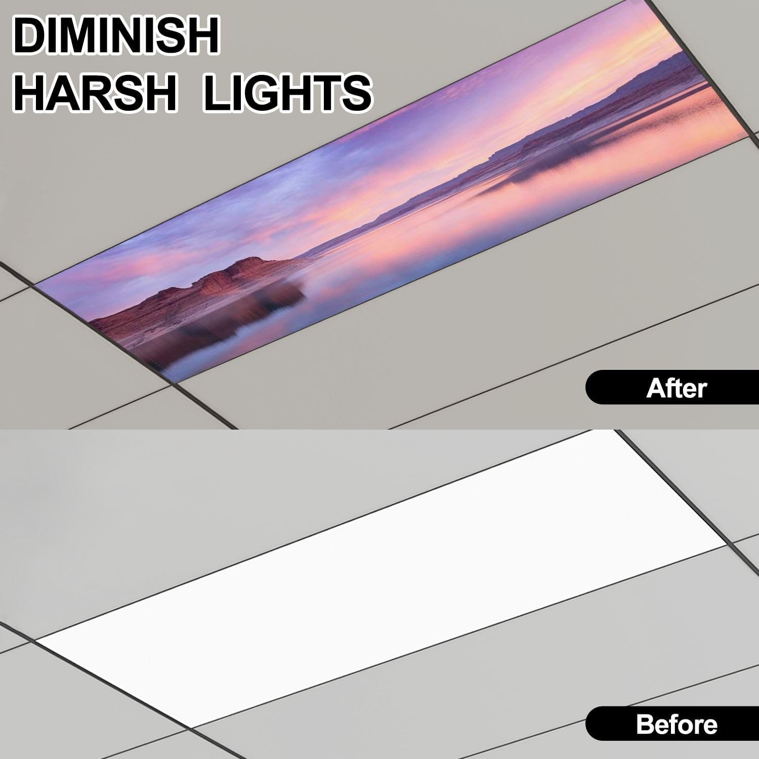 Fluorescent Light Covers for Ceiling Lights Lake Dusk Easy to Install Magnetic Light Filter for Classroom Office Hospitals School Home Decor
