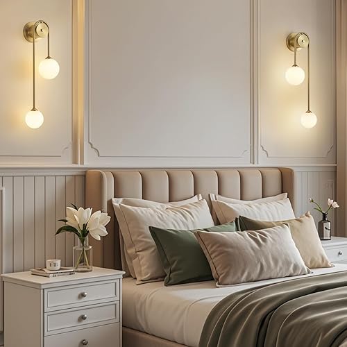 Miniatura 6 de Lámpara de pared dorada de doble bola, apliques de pared de vidrio modernos de mediados de siglo, con bombilla tricolor G9 para sala de estar,