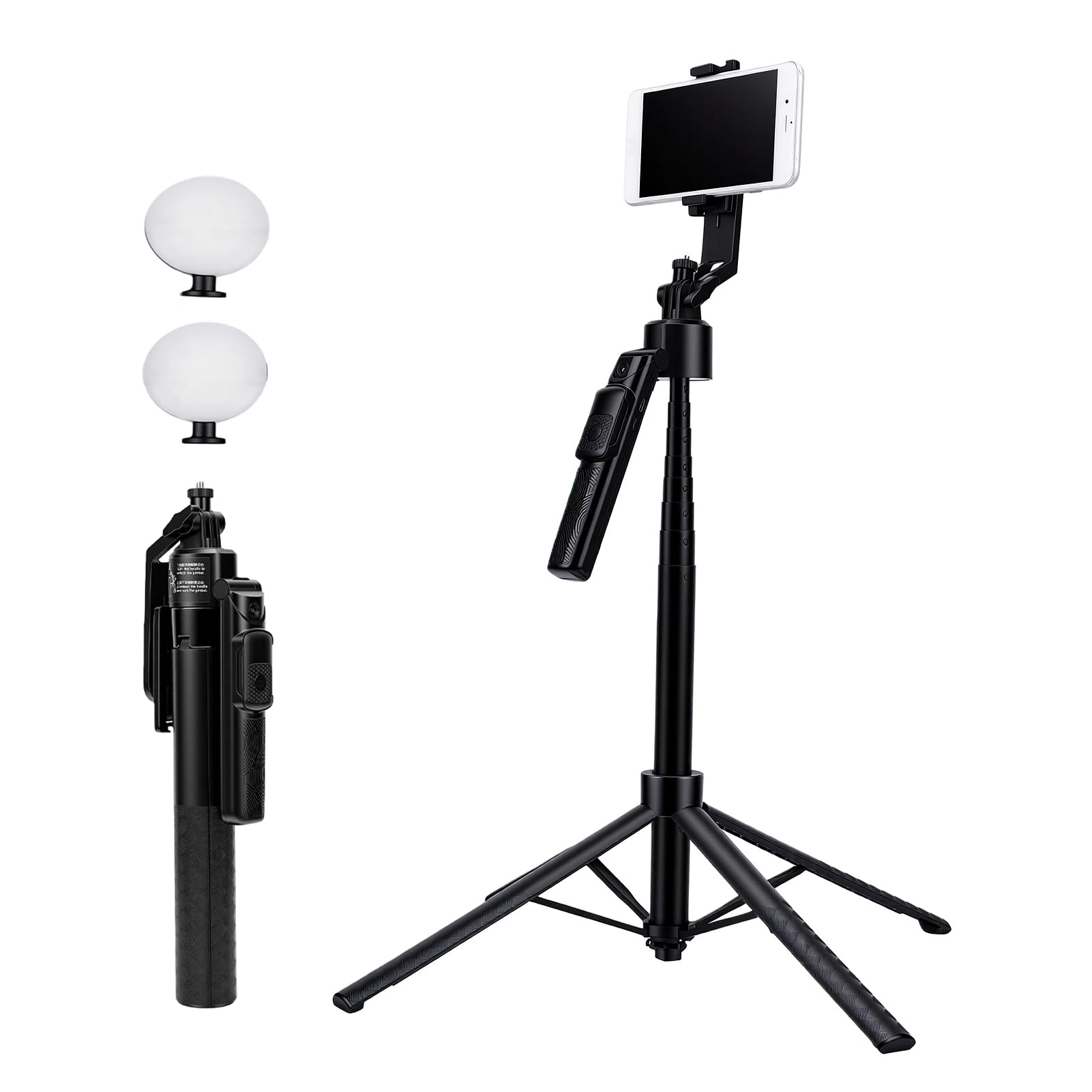 175 Cm Automatico Volto Rilevamento Treppiede con 2 Luci (Negro) | Asta Selfie con Rotazione di 360° e Telecomando, Filettatura da 1/4 Pollici per Smartphone, Action Camera