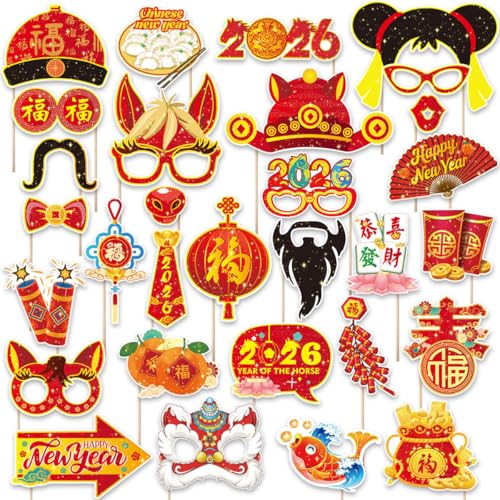 30pcs Chinese New Year 2026 Photo Booth Props Year of The Horse Traditional Red Gold Party Decorations Supplies