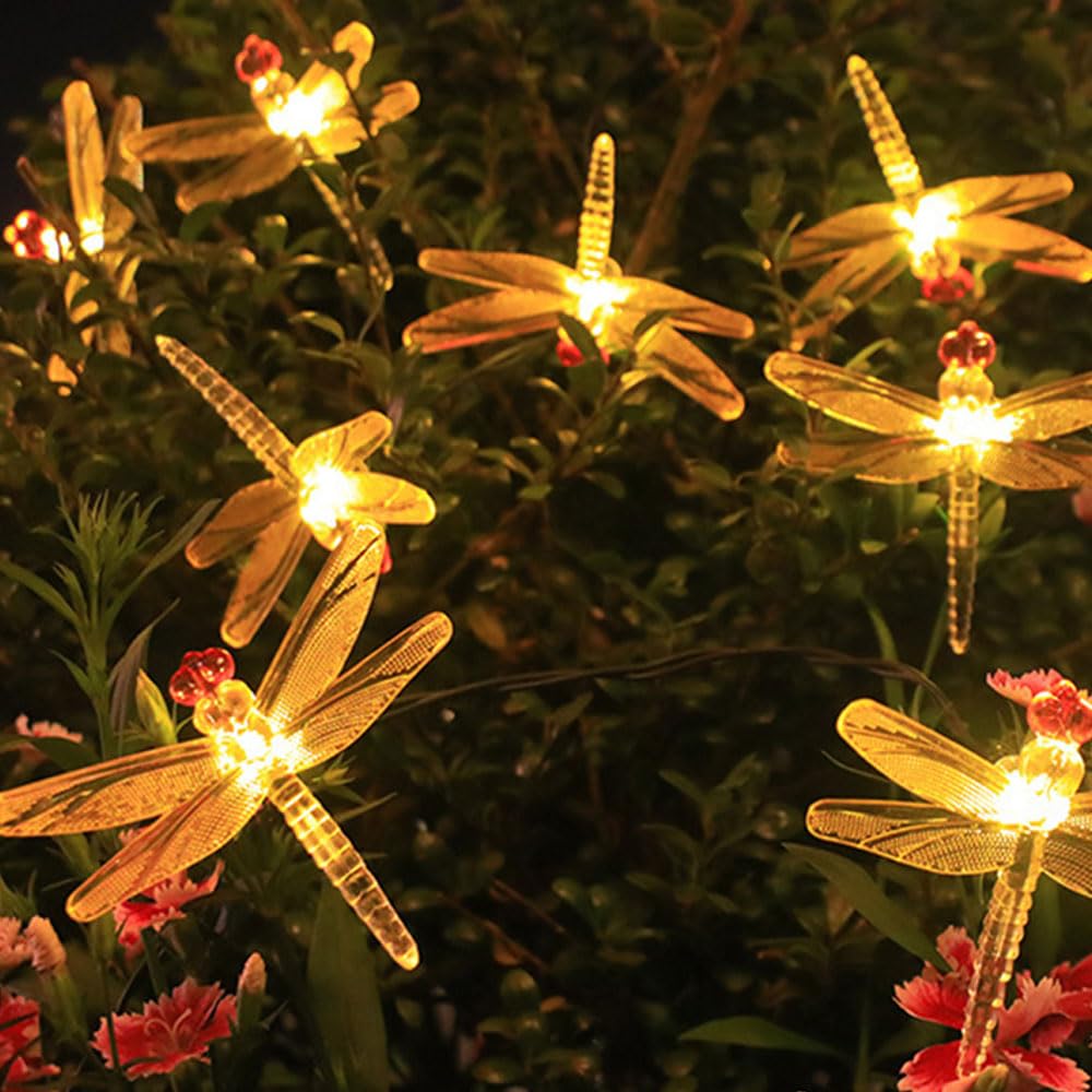 Treer Solar Powered Garden Lights, Solar Outdoor Dragonfly Fairy Lights, Outside IP55 Waterproof Garden Ornaments Outdoor LED String Lighting for Patio Yard Party Wedding (Warm,7M, 50 Lights)