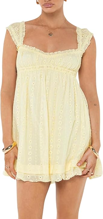 Felcia Women Summer Y2K Mini Dress Square Neck Lace Trim Strap Swing Dress Floral Hollow Out Ruffle Hem Flowy Sundress