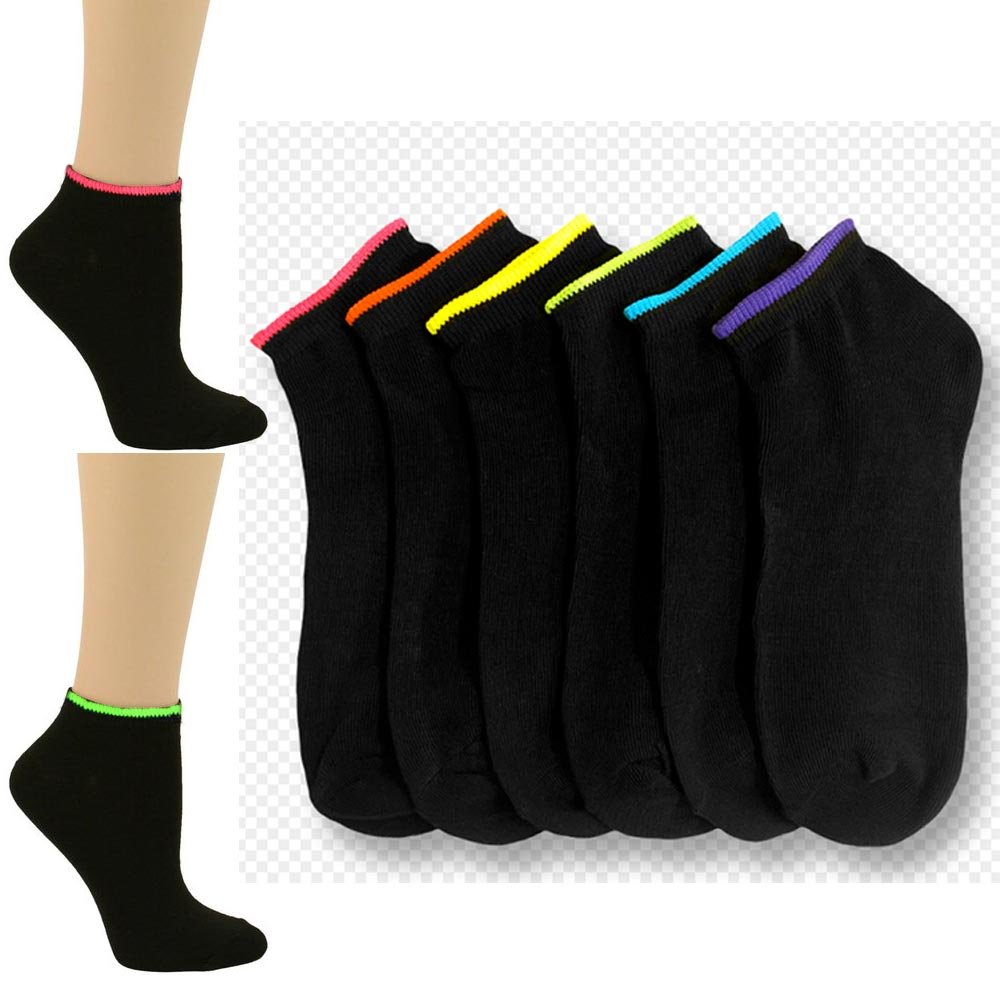 12 Pairs Girls Ankle Sports Socks Low Cut Black Neon Color Casual Sport Size 6-8