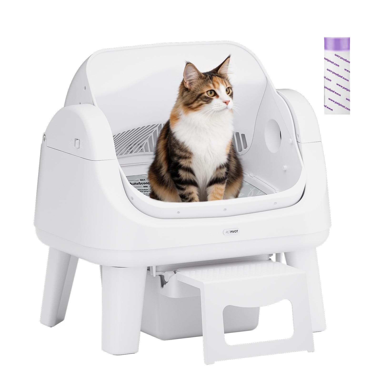 PetPivot Open Top Self Cleaning Cat Litter Box, Automatic Litter Box with 7 Pairs of Safety Sensors, Anti-Pinch Protection and Easy Access Step for Senior Cats, White
