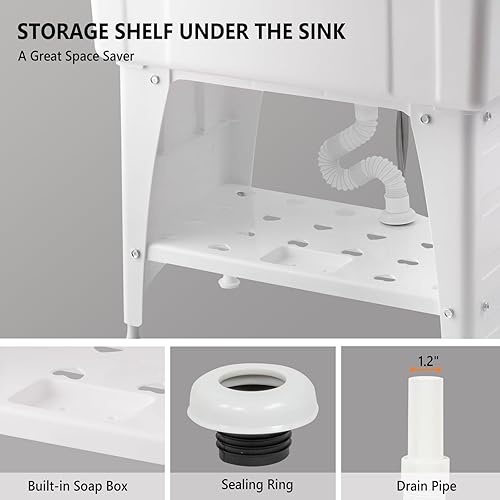 Miniatura 7 de VINGLI Amplio fregadero blanco para lavandería, estación de lavado de garaje, fregadero inclinado, fregadero independiente con grifo de acero