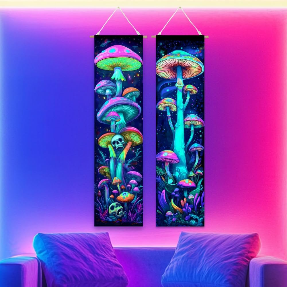 ACRNIGHEET Pack of 2 Tapestry Mushroom Blacklight Tapestry UV Reactive Poster Black Light Tapestries Mushroom Aesthetic Room Hanging Backdrop for Bedroom Home Decoration