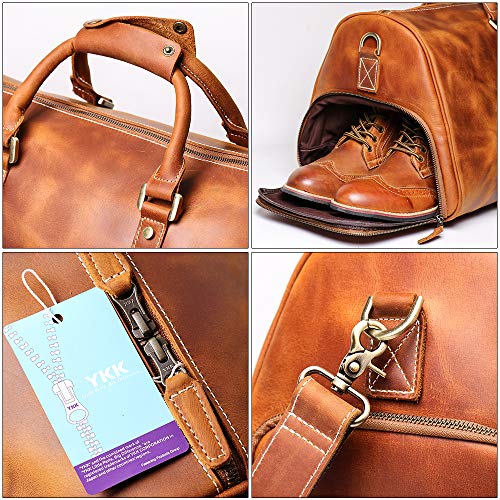 Leathfocus Leather Travel Duffel Bag, Mens Classic Gift Leather Weekend Bag Overnight Full Grain Retro Sport Gym Carry on Luggage YKK Zipper (Brown)