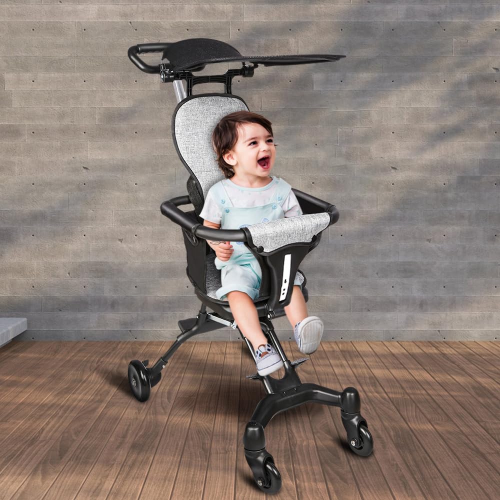 Poussette Compacte - Jusqu'à 25 kg, Inclinable, Pliable avec Porte-Gobelet, Habillage Pluie, Capote Pare-Soleil (UPF 50+) et Panier Course XL-30 * 55 * 86,5 cm - Gris + Noir