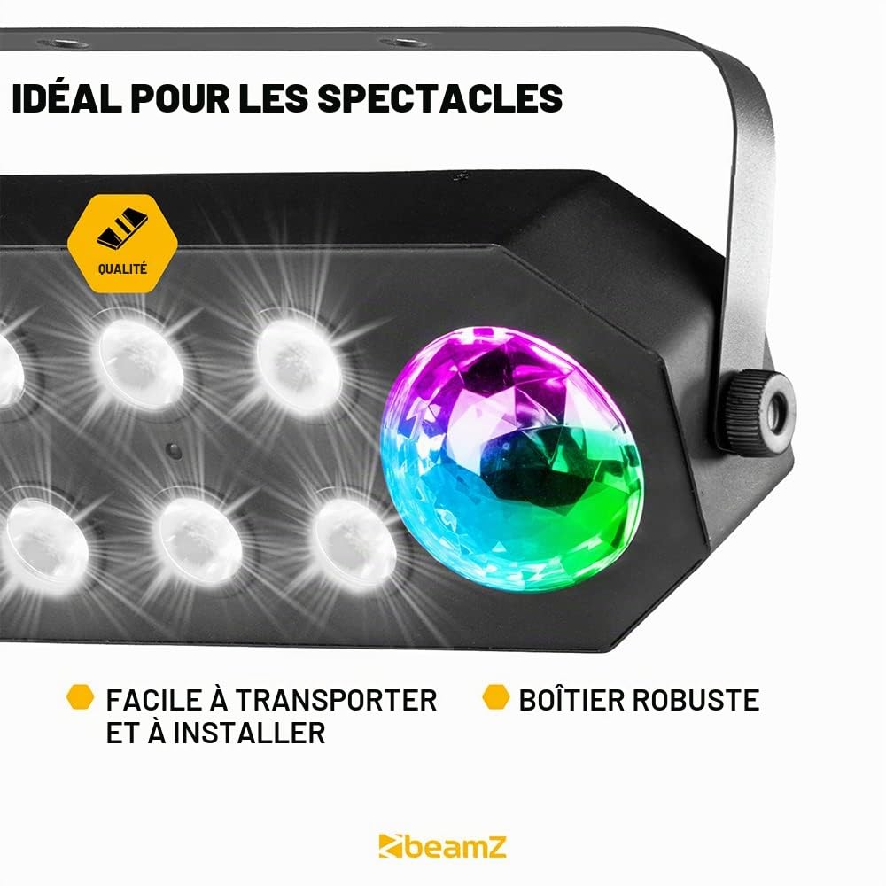 BeamZ StrobeMoon Jeu de Lumière 2 en 1 - Effets Colorés et Fonction Stroboscopique, Mode Autonome ou Détection du Son, Shows Préprogrammés, Télécommande, Idéal pour Animer vos Soirées