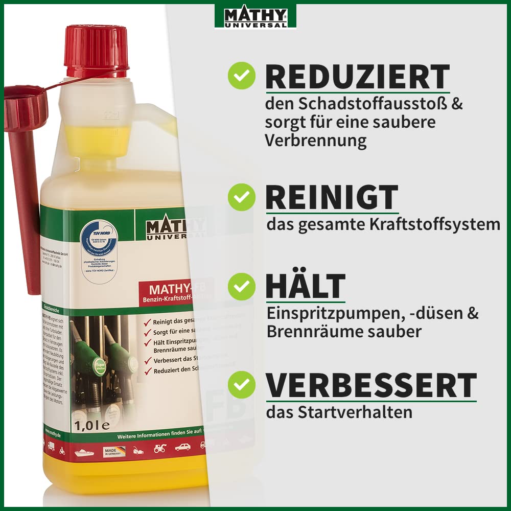 MATHY-FB Benzin-Pflege-Kraftstoffadditiv, 1 Liter, Additiv Systemreiniger | Benzinadditiv & Kraftstoffstabilisator, Hochkonzentrierte Reinigung für Benzinmotor, Reiniger bei jeder Tankfüllung