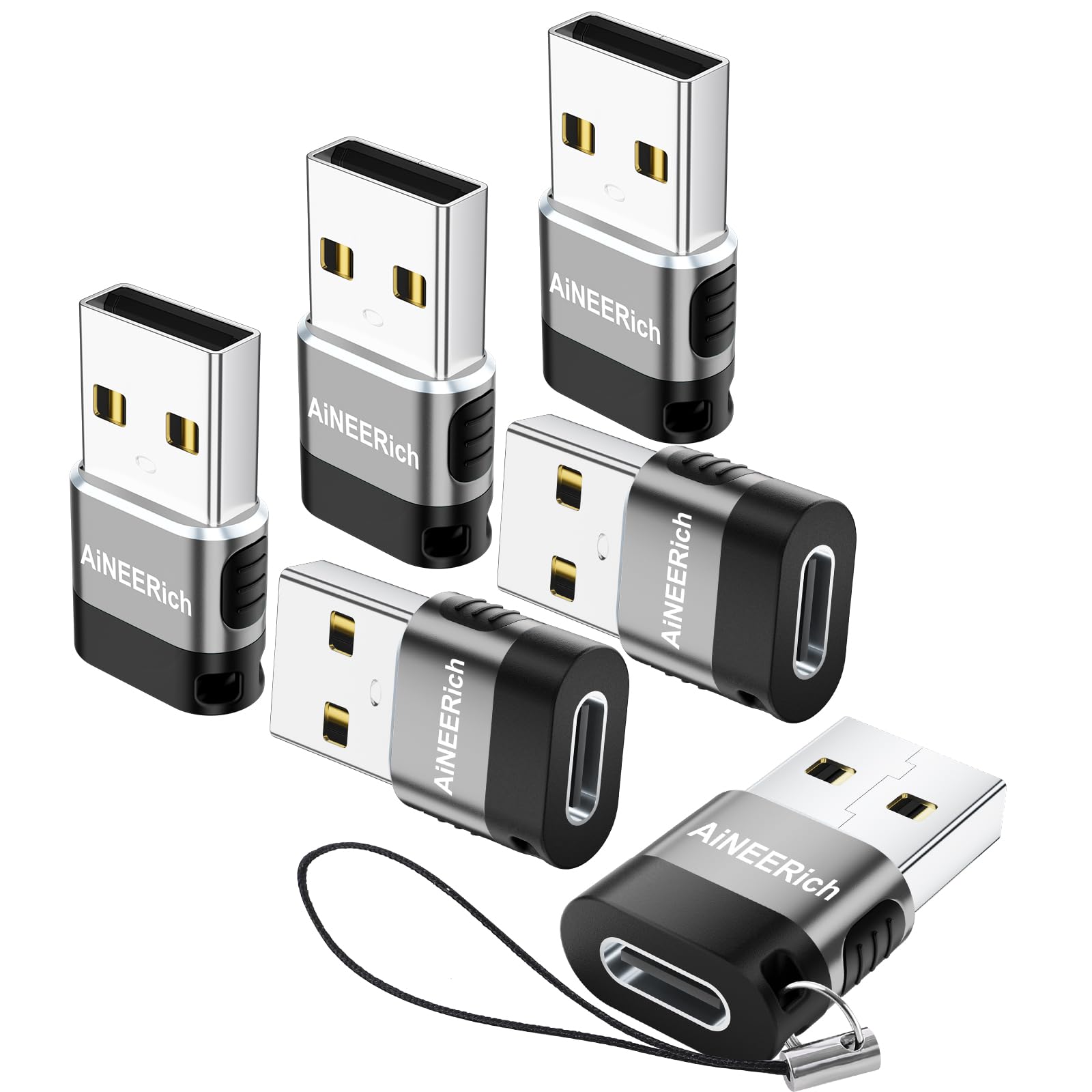 Adaptador USB a USB C, paquete de 6, adaptador C a USB, convertidor C hembra a USB A macho, convertidor de cable tipo C para iPhone, iPad, cargador USB y más, gris