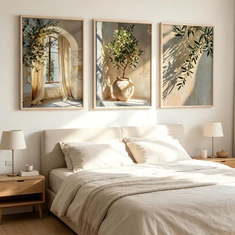 Póster con estampado rústico de flores, ramas de olivo y hojas de olivo, estilo retro, para sala de estar, decoración moderna para el hogar (50x70cmx3/Sin marco)
