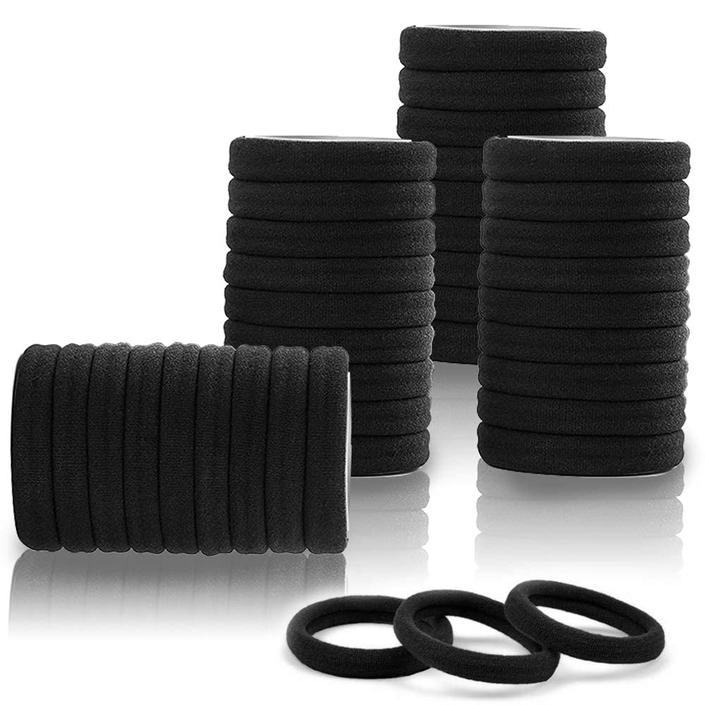 Rock World Hair Ties for Women, Elastic Cotton Thick Seamless Black Hair Bands, No Crease No Damage for Thick/Thin Hair,Soft Hair Ties Ponytail Holders Hair Accessories (100 Pieces Black Rubber Bands)