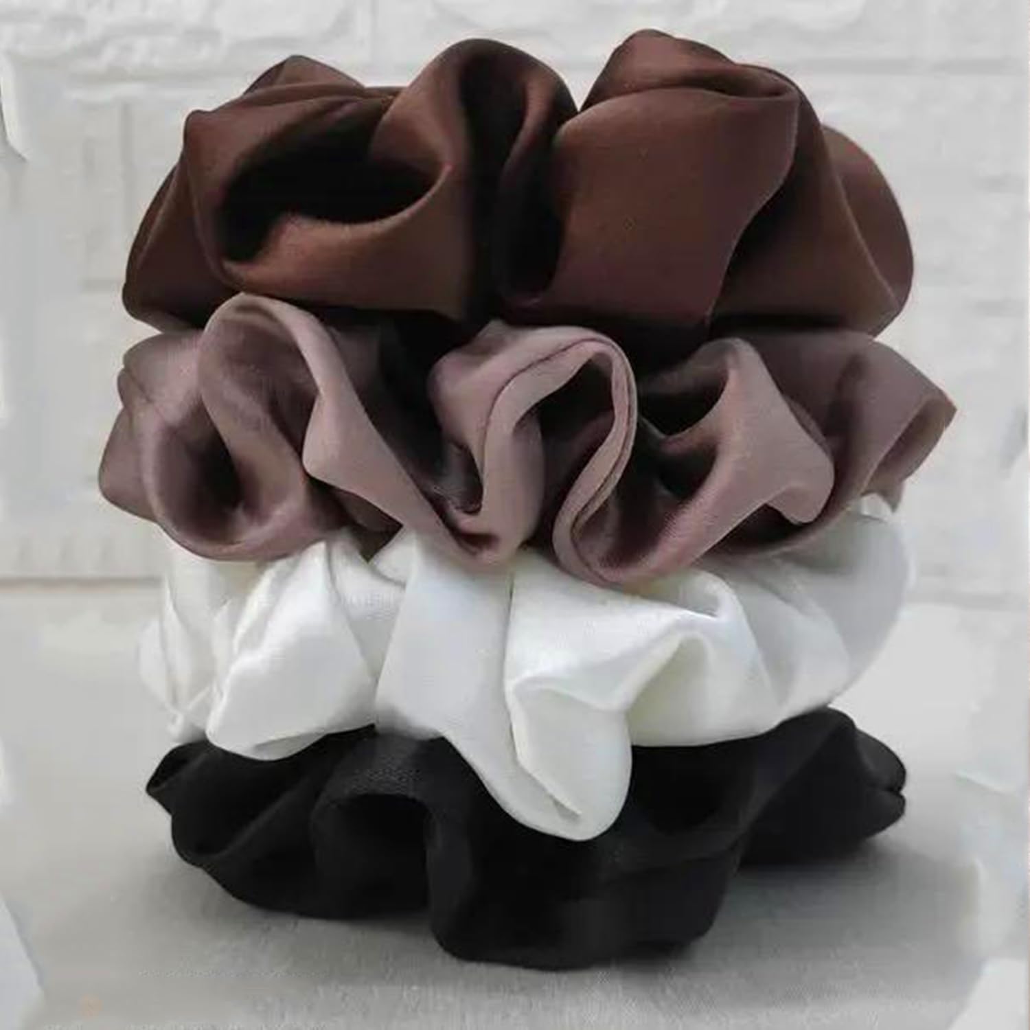 Set of 4 Satin Silk Scrunchies for Women and Girls – Soft, Gentle Hairbands to Reduce Hair Fall – Multicolor Hair Ties – Ideal Gift for Mom, Sister, or Girlfriend ( Brown, Off White, Black, Chocolate, Pack of 4 )-image-30