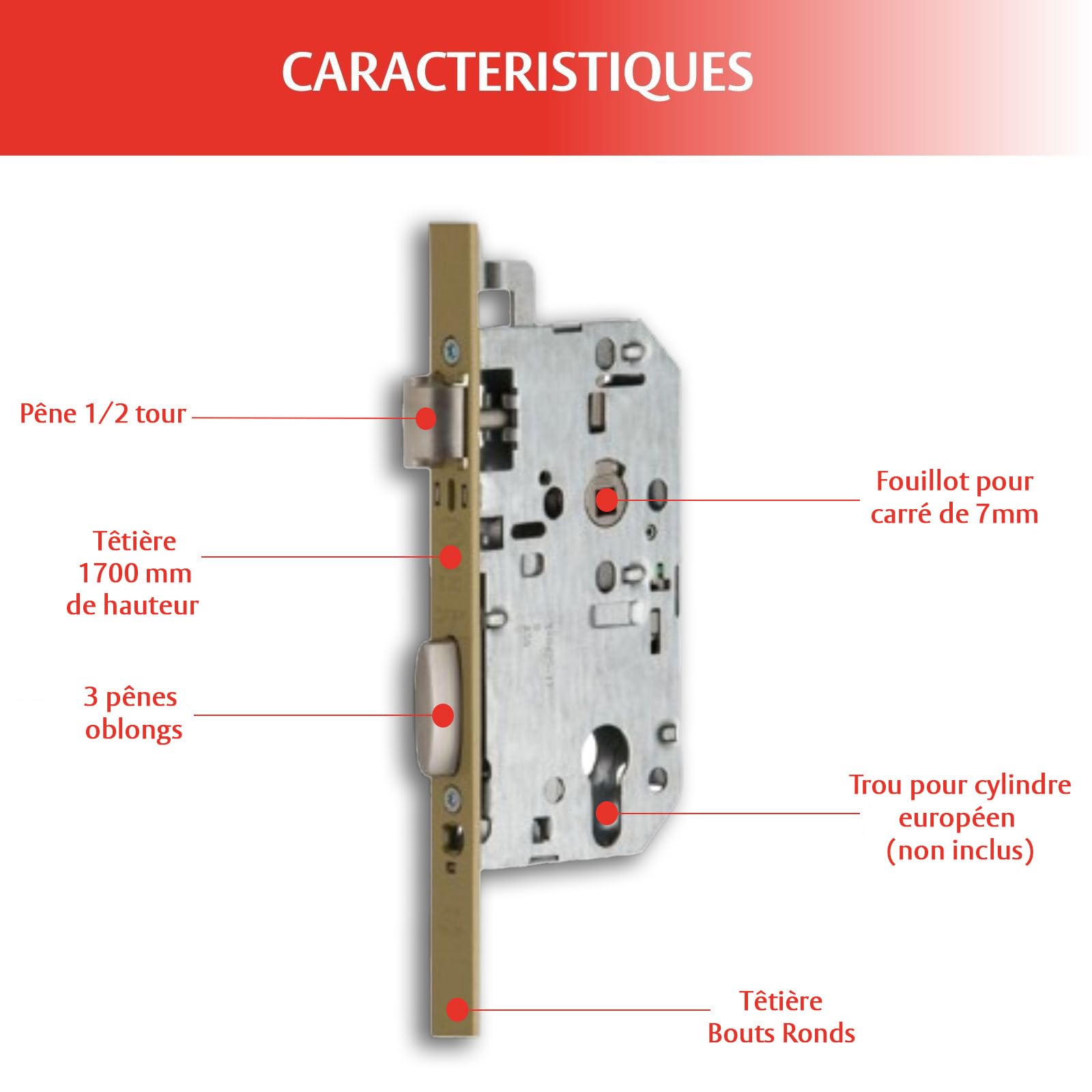 Vachette Serrure Multipoint en Applique 5000 T204G - 3 points - Axe 50, Entraxe 70 - Sans Gâche - Bouts Carrés - Gauche - Facile à Poser - Conforme aux Normes de Sécurité - Garantie 10 Ans