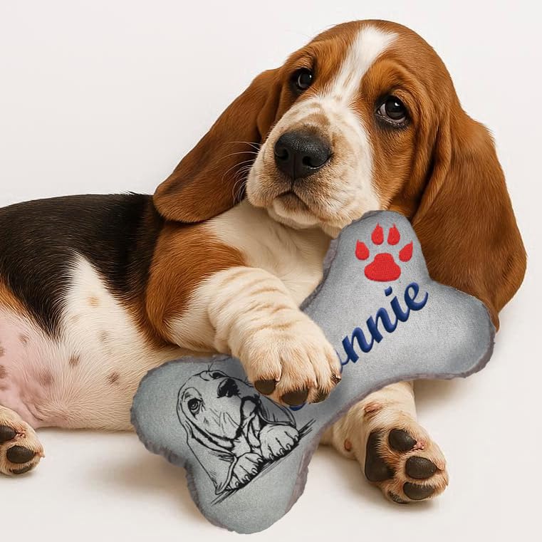 Personalisiertes Hundespielzeug Knochen – bestickter Canvas Hundeknochen mit Name – wählbar mit Quietscher oder Rassel – 20 Farben – Größen XS bis XXL