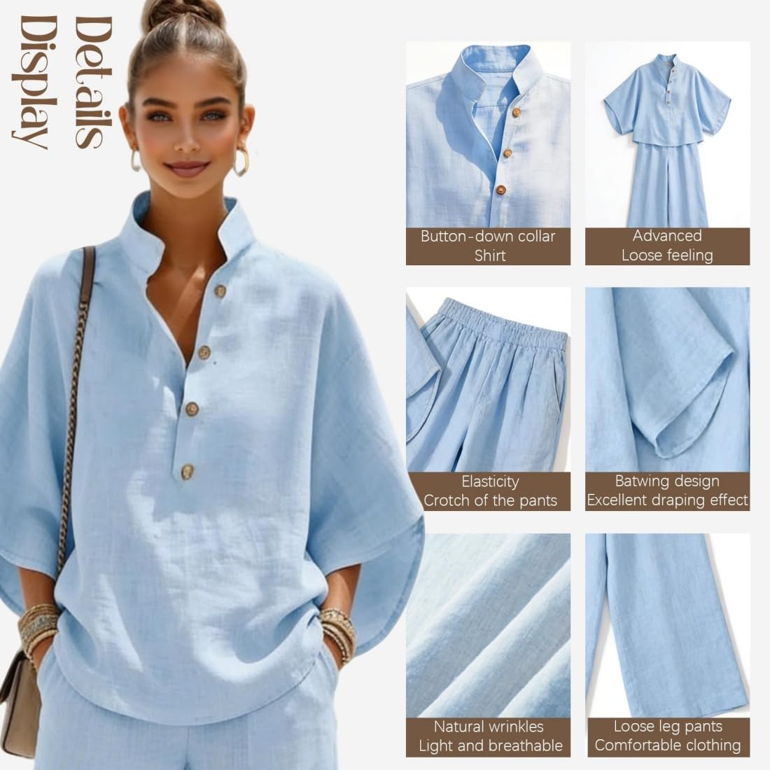 Conjunto de dos piezas de lino y algodón con mangas murciélago para mujer: camisa informal y pantalón de pierna ancha, traje de lino informal de verano, mangas murciélago de 3/4