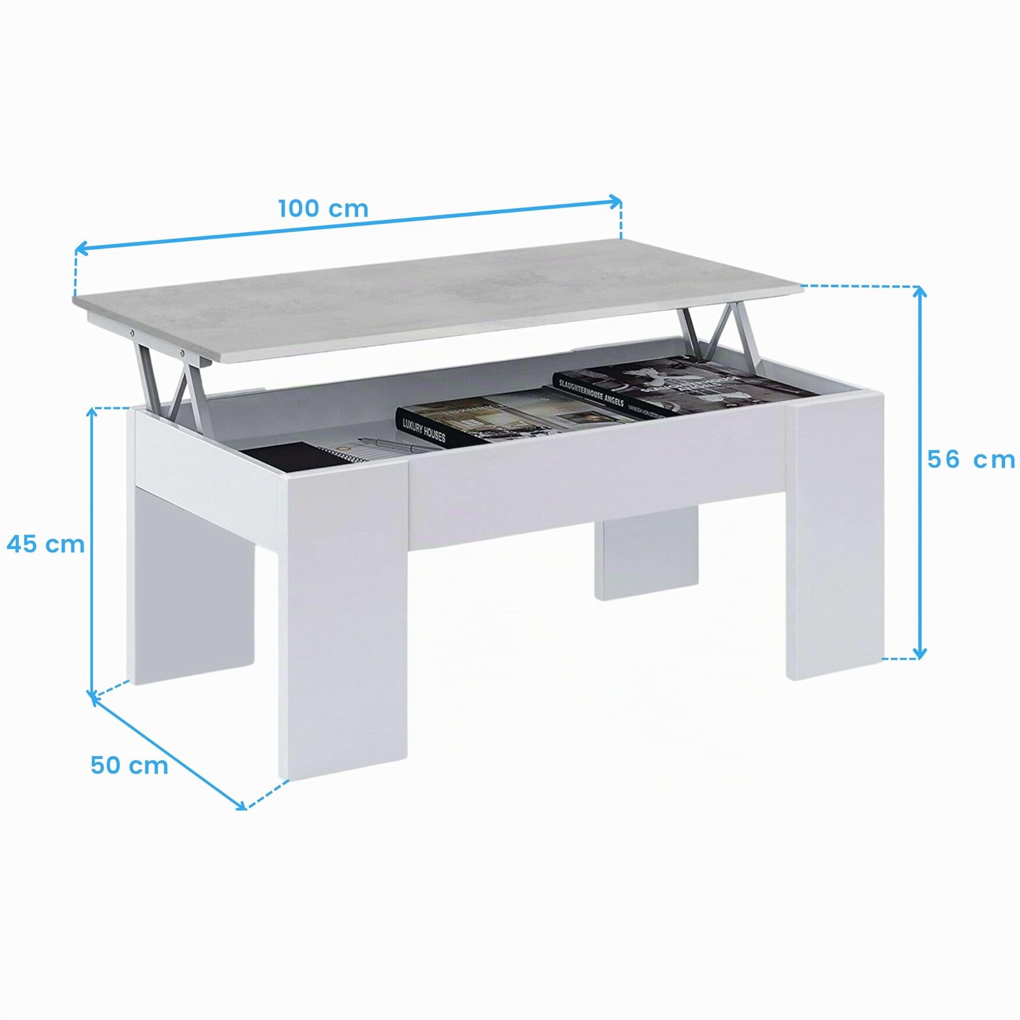 Mesa de Centro Elevable, Mesita de Salón o Comedor, Modelo LC, Acabado en Color Blanco Artik y Cemento, Medidas: 100 cm (Ancho) x 50 cm (Fondo) x 45-56 cm (Alto)