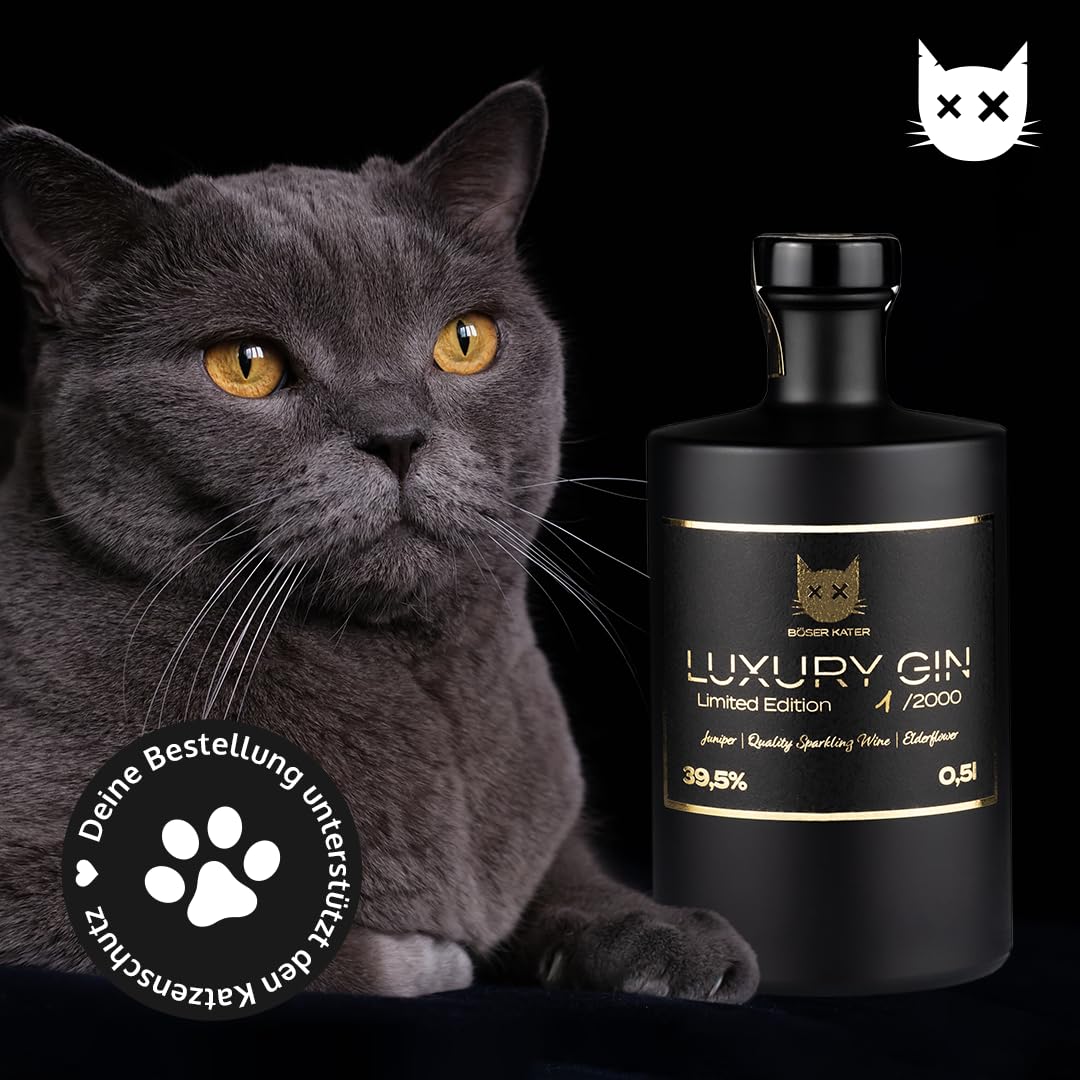 BÖSER KATER Luxury Gin in hochwertiger Flaschendose | Limited Edition 0,5l | Wacholder trifft Qualitätsschaumwein | Limitiert auf 2000 Flaschen weltweit | Von Hand in Gold beschriftet 39,5% vol.