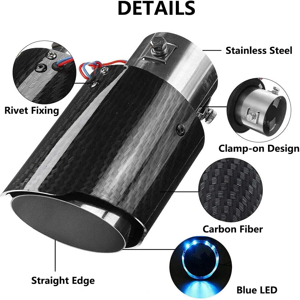 2.25 Inch LED Exhaust Tip Tailpipe Tip 60mm Straight Carbon Fiber Style Bolt Clamp On for Cars HTRACING (Blue Light)