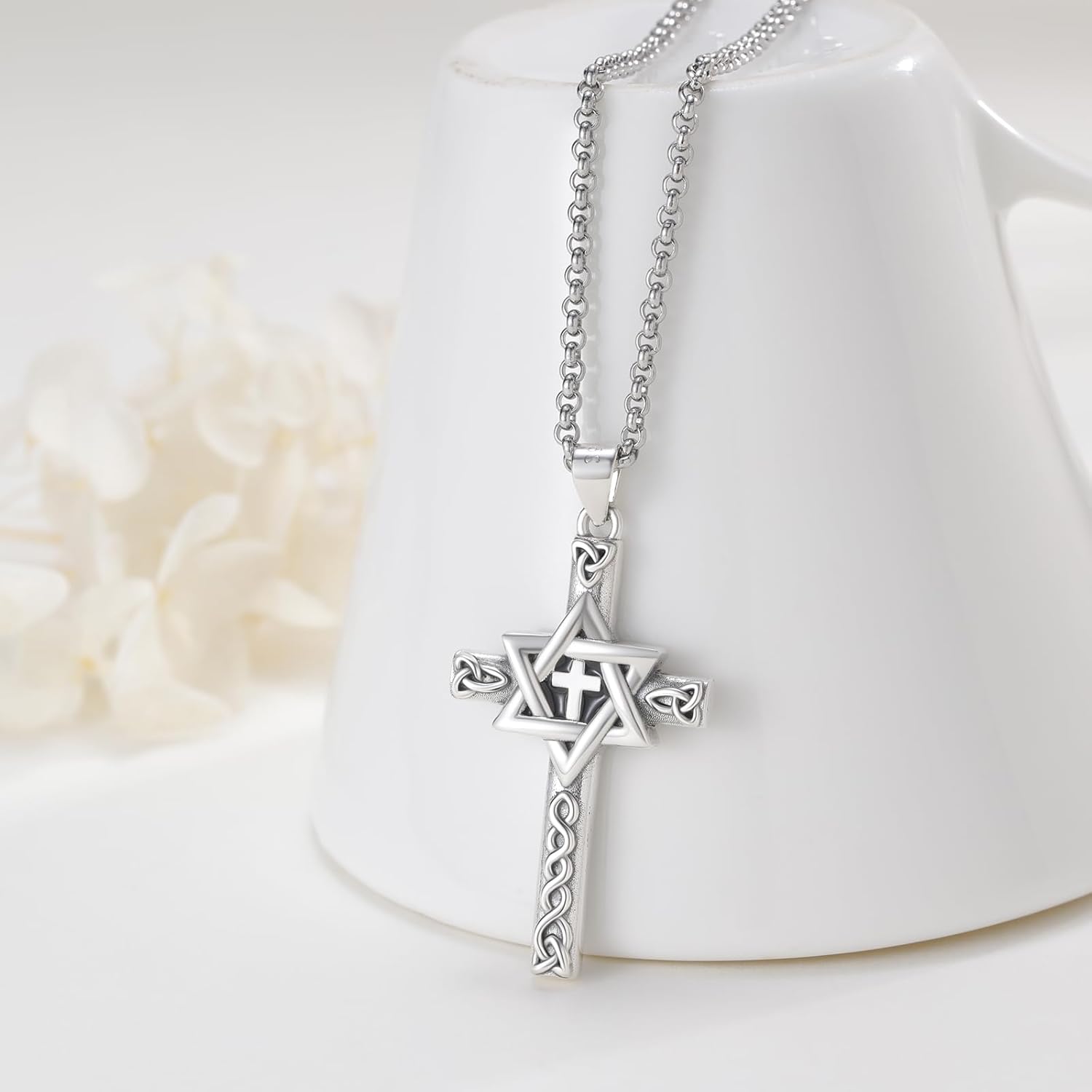 Celtic Cross Necklace 925 Sterling Silver Jewish Cross Pendant Star of David Necklace Clover Viking Irish Jewelry Religious Protective Gift for Men Women - Image 3