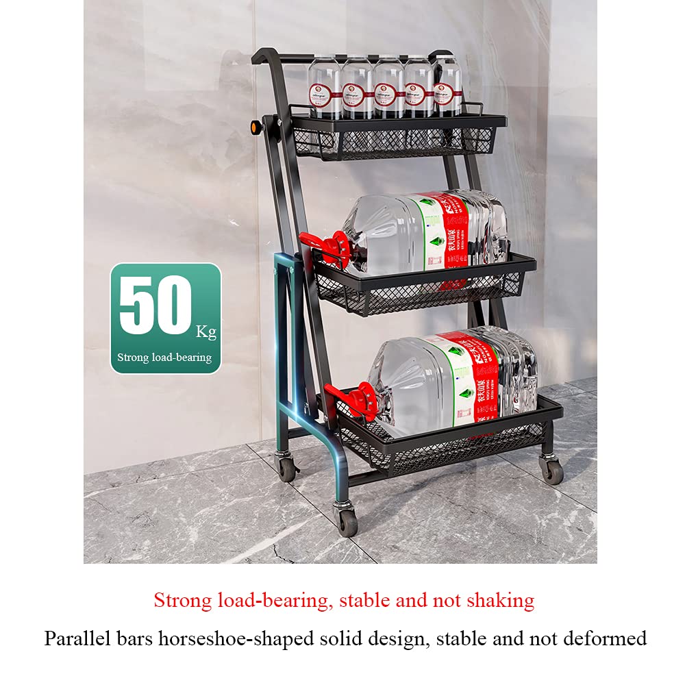 Carrello a 3 livelli in metallo con cestelli in filo metallico, scaffale pieghevole per cucina, casa e ufficio, carrello con ruote