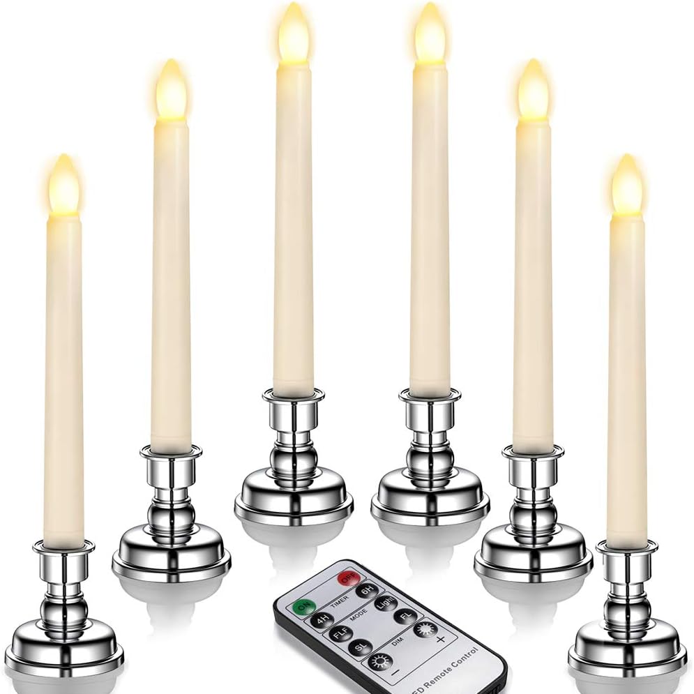 Ymenow LED Taper Candles with Remote, Set of 6 Battery Operated Ivory Window Candles with Timer Flickering Flameless Candlesticks with Candle Holders for Home Table Party Christmas Decorations