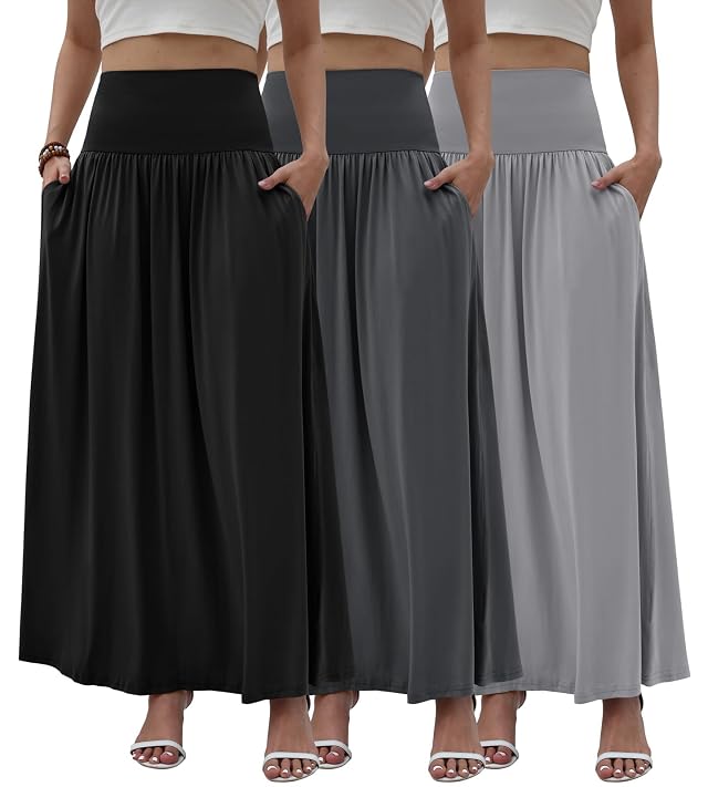 Fall Long Maxi Skirts for Women 3 Pack Set with Pockets Cute Womens Skirts for Party