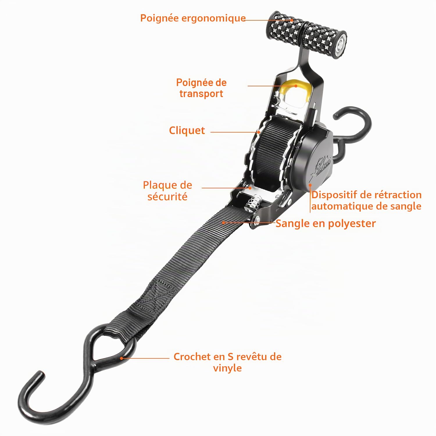 Lot de 2 sangles à cliquet rétractables automatiques - 3,3 m x 25 mm - Force de serrage 680 kg - Pour sécuriser des objets pendant le transport