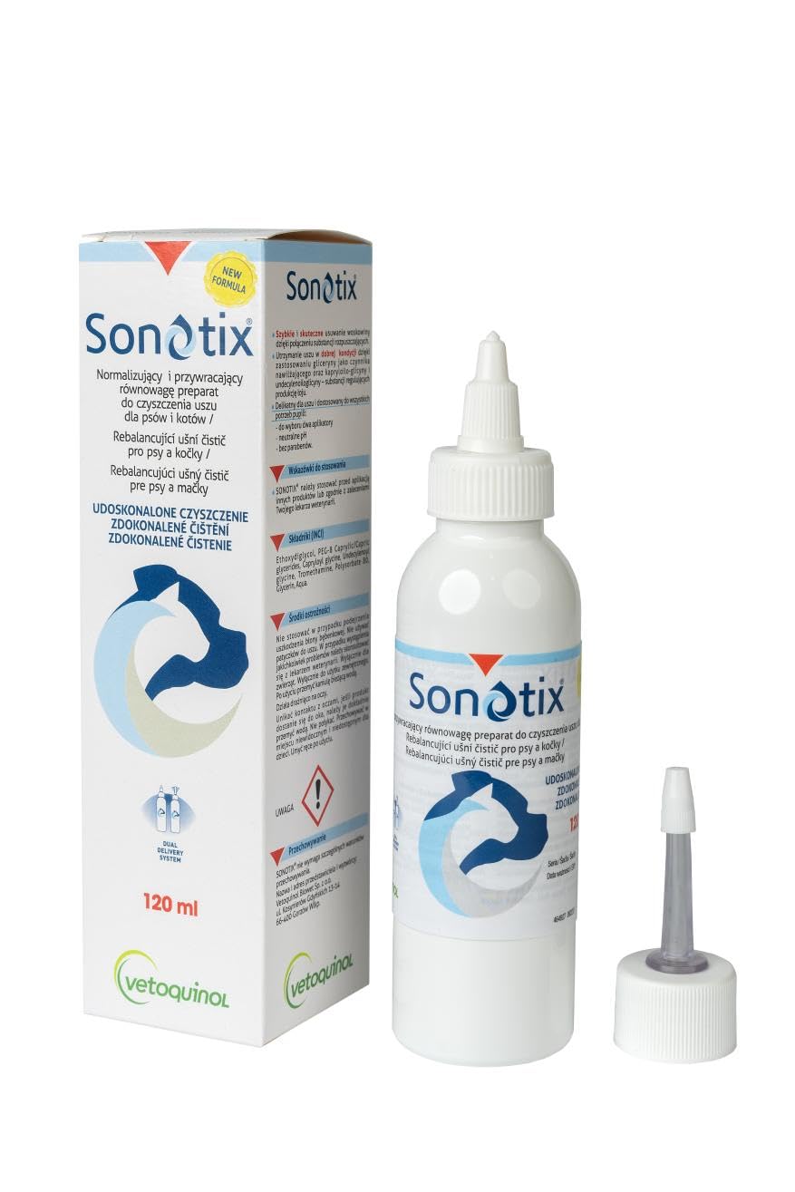 Sonotix® Limpiador de oídos para mascotas, cuidado eficaz de los oídos sin irritantes, promueve el equilibrio del pH y la microflora, clínicamente probado