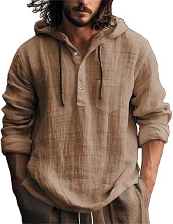 Camisa de lino con capucha para hombre, manga larga con botones, ajuste regular, tela de mezcla de algodón, camisa de playa ligera para clima cálido y ocio