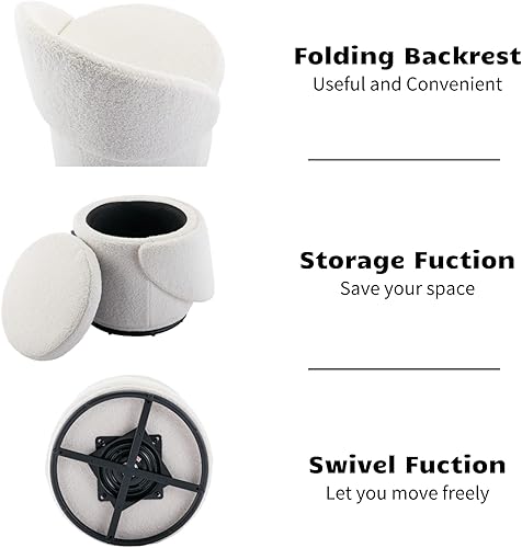 Miniatura 4 de HEAH-YO Taburete de maquillaje moderno con almacenamiento, taburete otomano giratorio con respaldo plegable, taburete de maquillaje de tela de lana